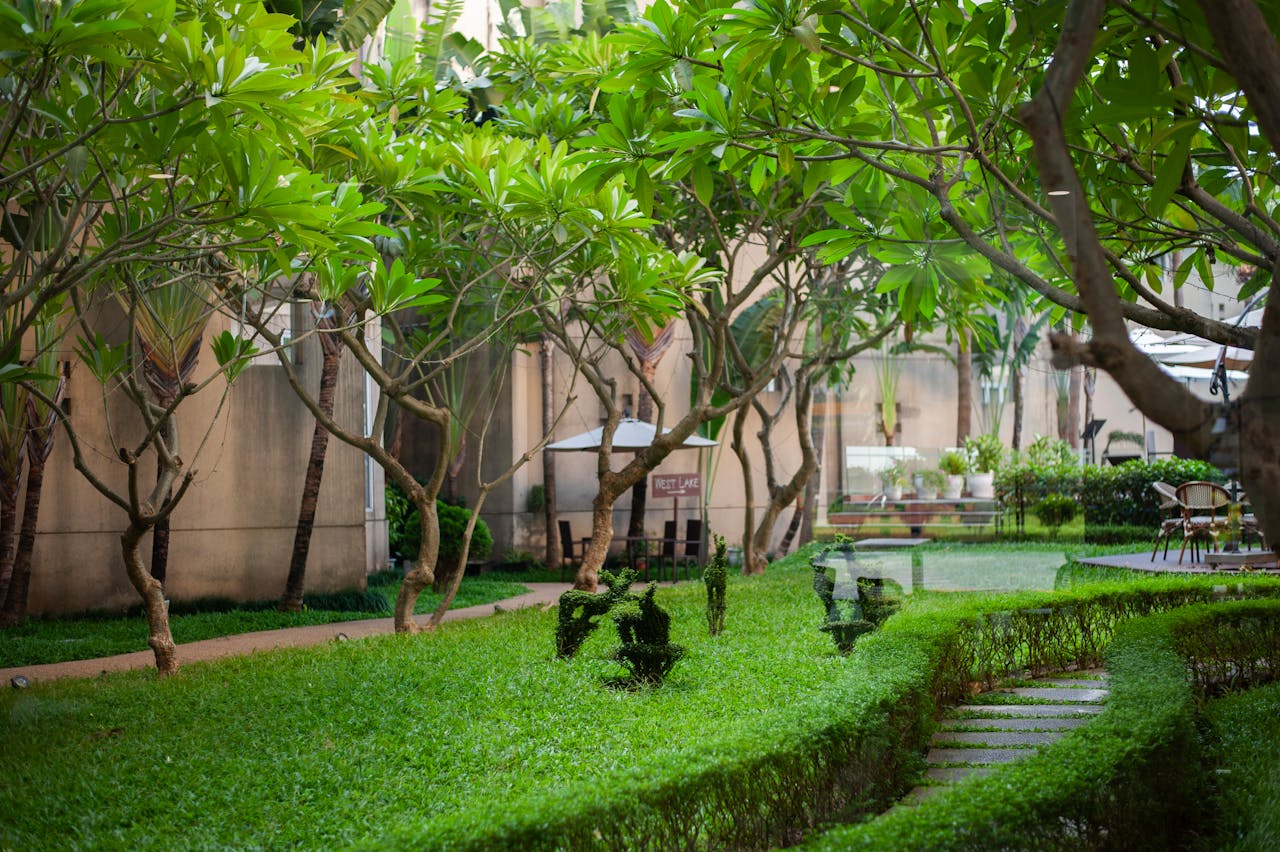 Serene garden with lush greenery and stone pathway under vibrant trees.
